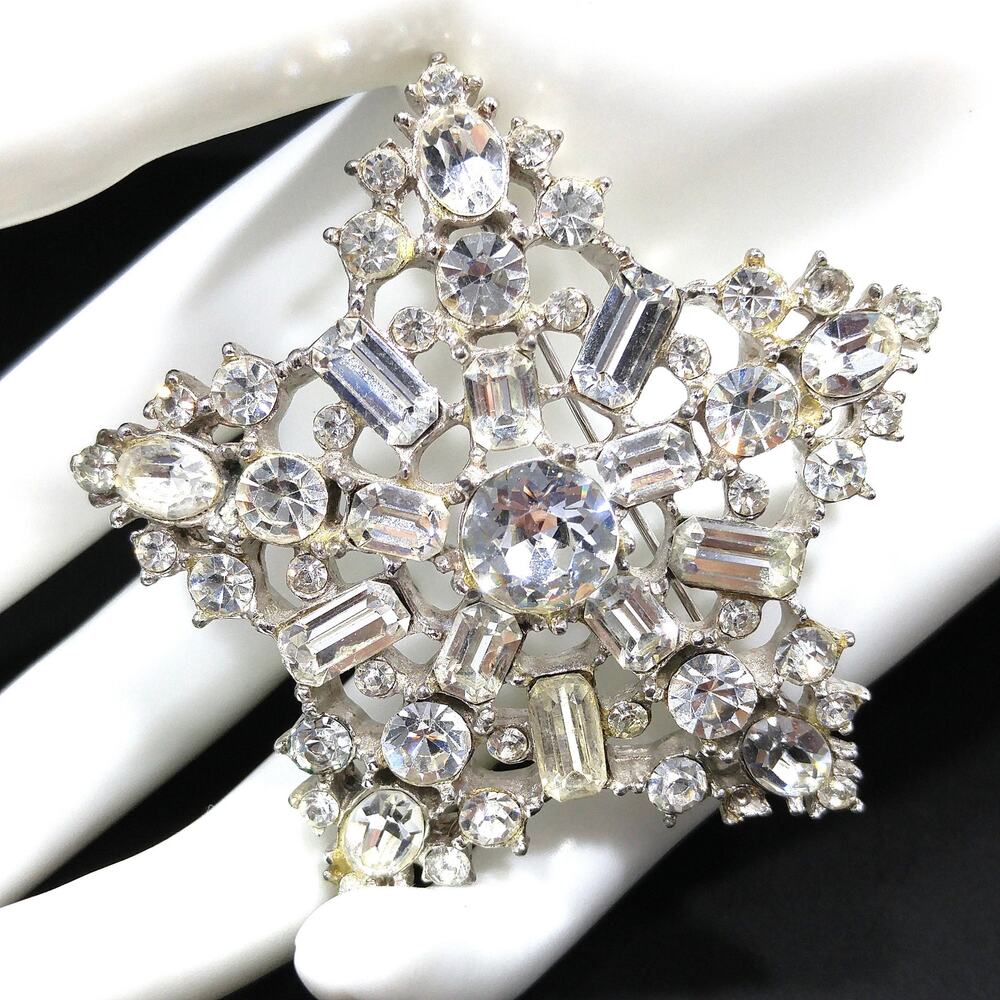 Vintage Clear Rhinestone Five Star Brooch, Heavily Rhodium Plated, 1950s Vintage